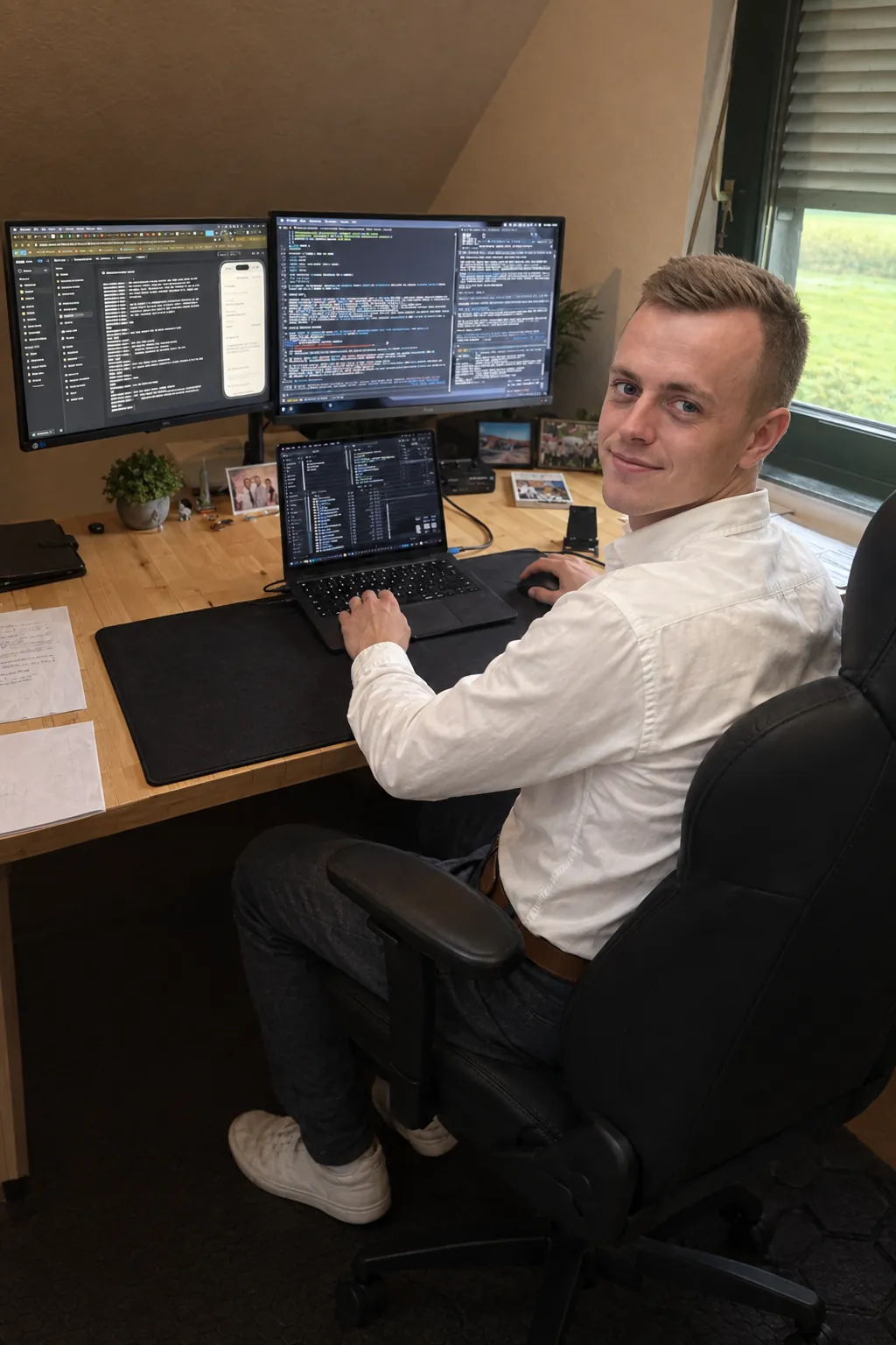 Niels von NordForm an seinem Arbeitsplatz, auf den Bildschirmen Programmcode